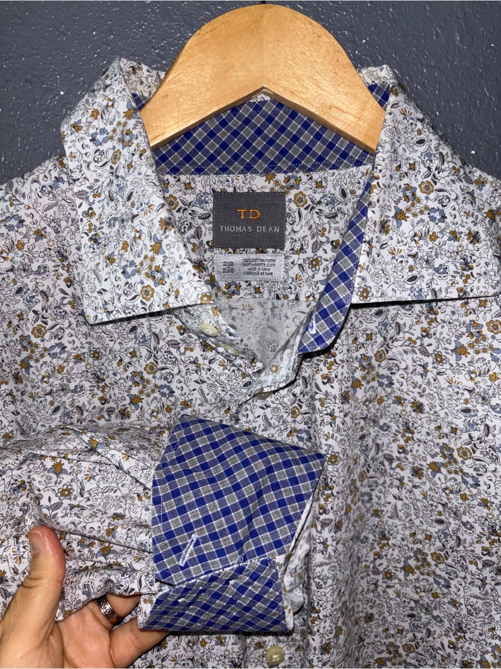 Thomas Dean White Floraly Button Up with Blue Check Trim